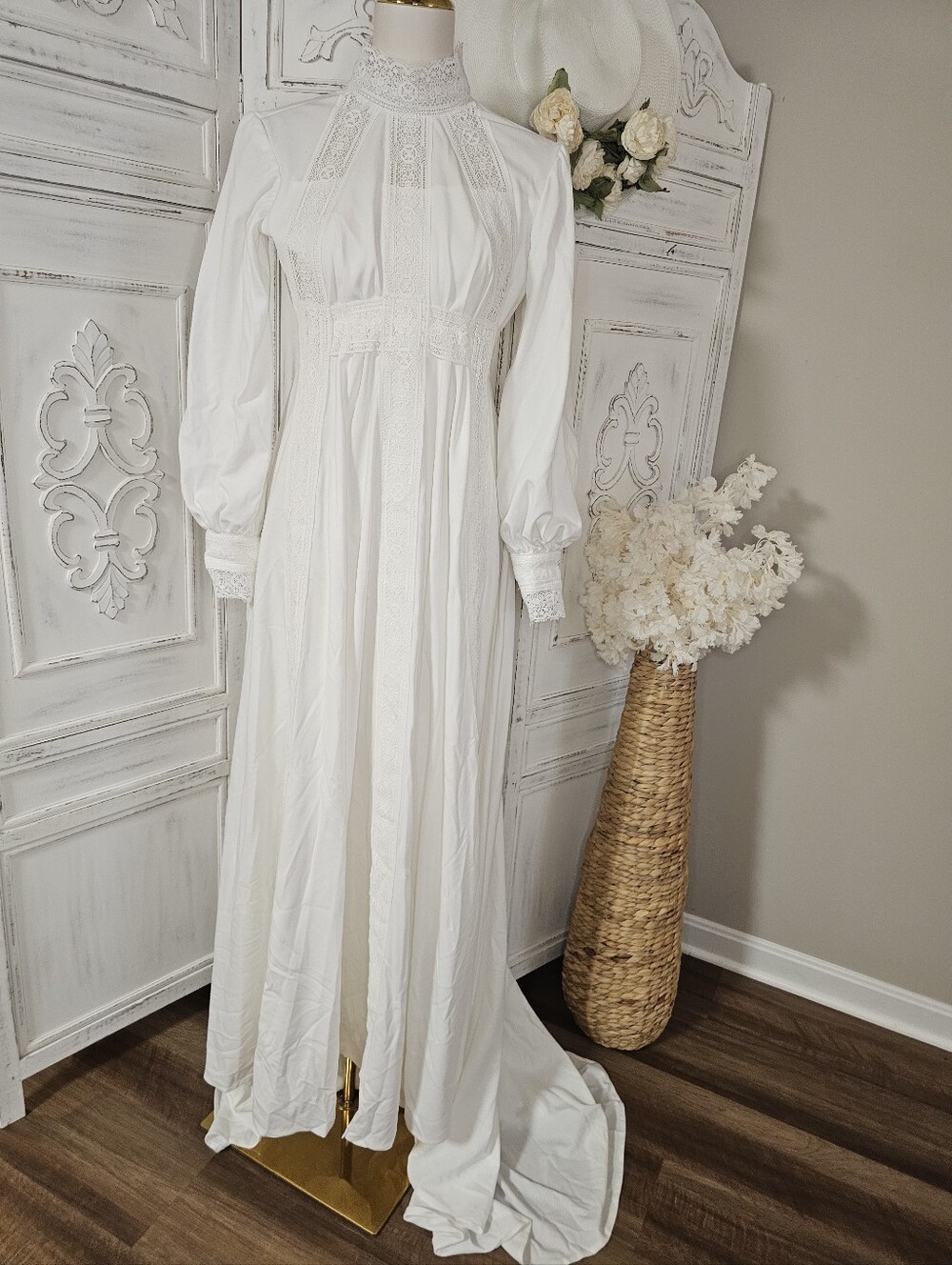 Vintage White Long Sleeve Empire Waist Crochet Trim Wedding Dress